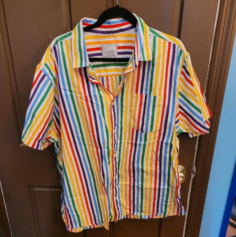 Rainbow Striped Men's XXL Button Down Short Sleeve Shirt